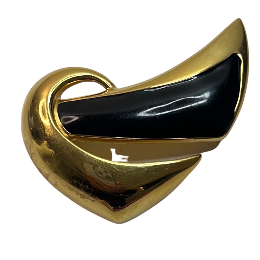 Vintage Brooch Pin 3” Black Enameled Modernist Gold Tone Metal